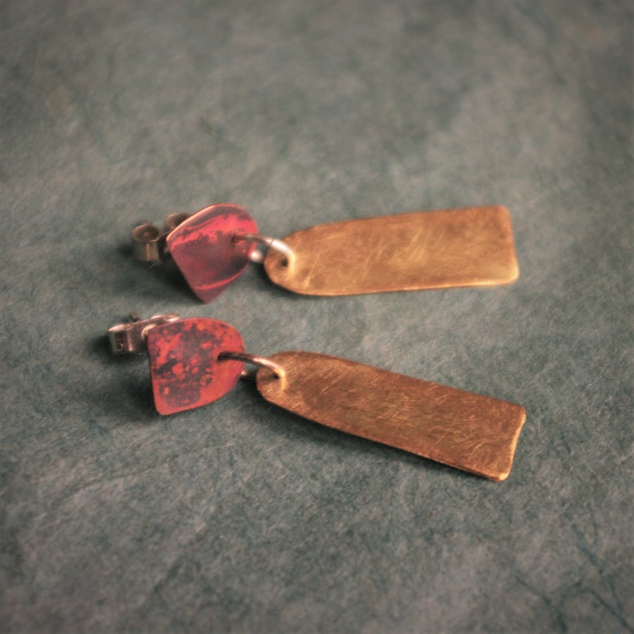 Brass and Copper Geometric  Dangle Stud   Earrings 