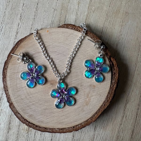 Handmade Ombre Glitter Flower Necklace and Earrings Set Purple Blue