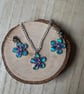 Handmade Ombre Glitter Flower Necklace and Earrings Set Purple Blue