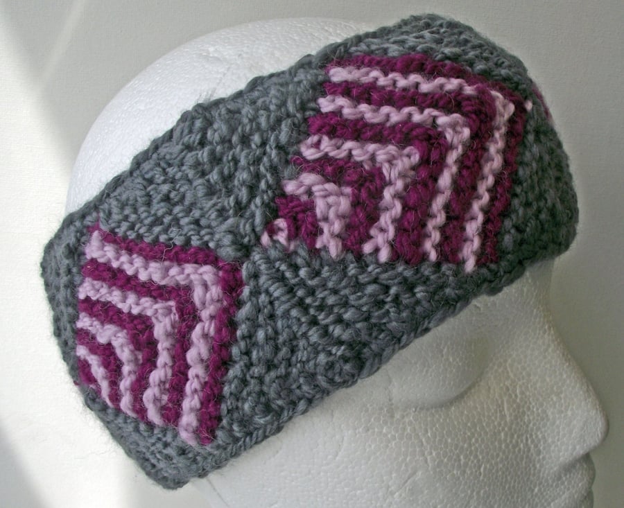 Pink and Grey Knitted Headband, Earwarmer or Hairband, Handspun Pink Grey