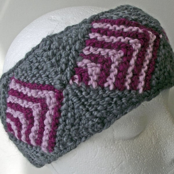 Pink and Grey Knitted Headband, Earwarmer or Hairband, Handspun Pink Grey