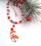Clay Snowman Pendant on a Red and White Beaded Necklace and Earrings - Image 2