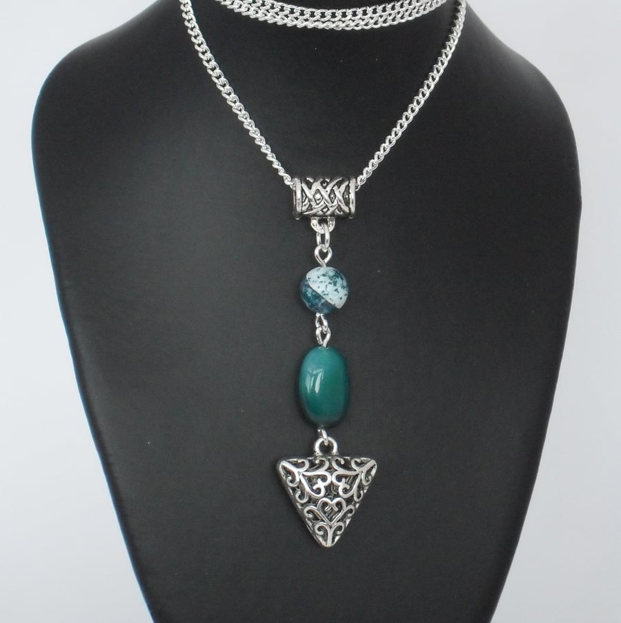 Green and tree agate & tibetan silver charm necklace