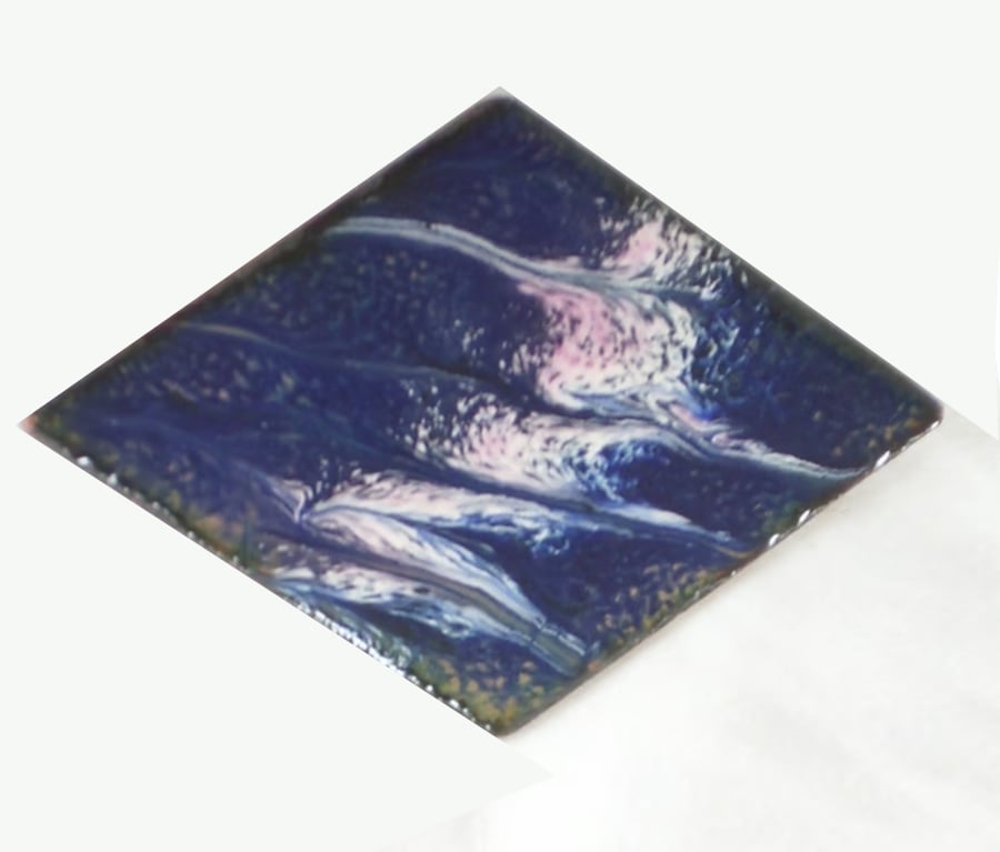 brooch - diamond shape scrolled pink and white over dark blue