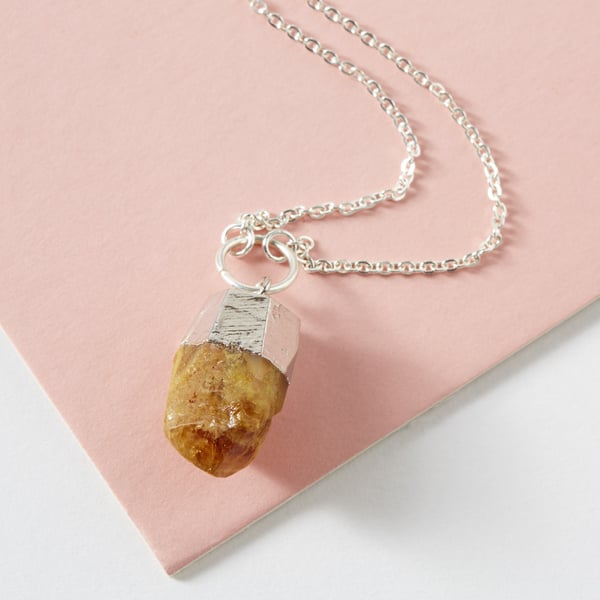 Short Silver Chain with Chunky Citrine Pendant - Crystal Point Pendant Necklace