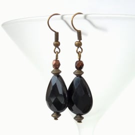 Black onyx and rich brown crystal bronze earrings, vintage style