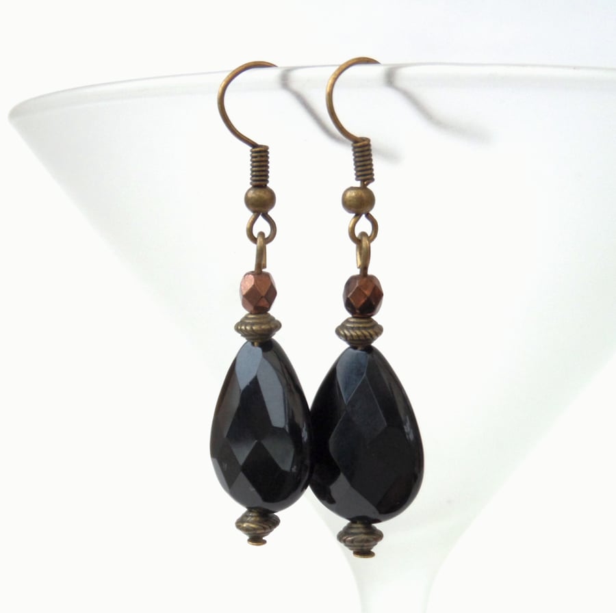 Black onyx and rich brown crystal bronze earrings, vintage style