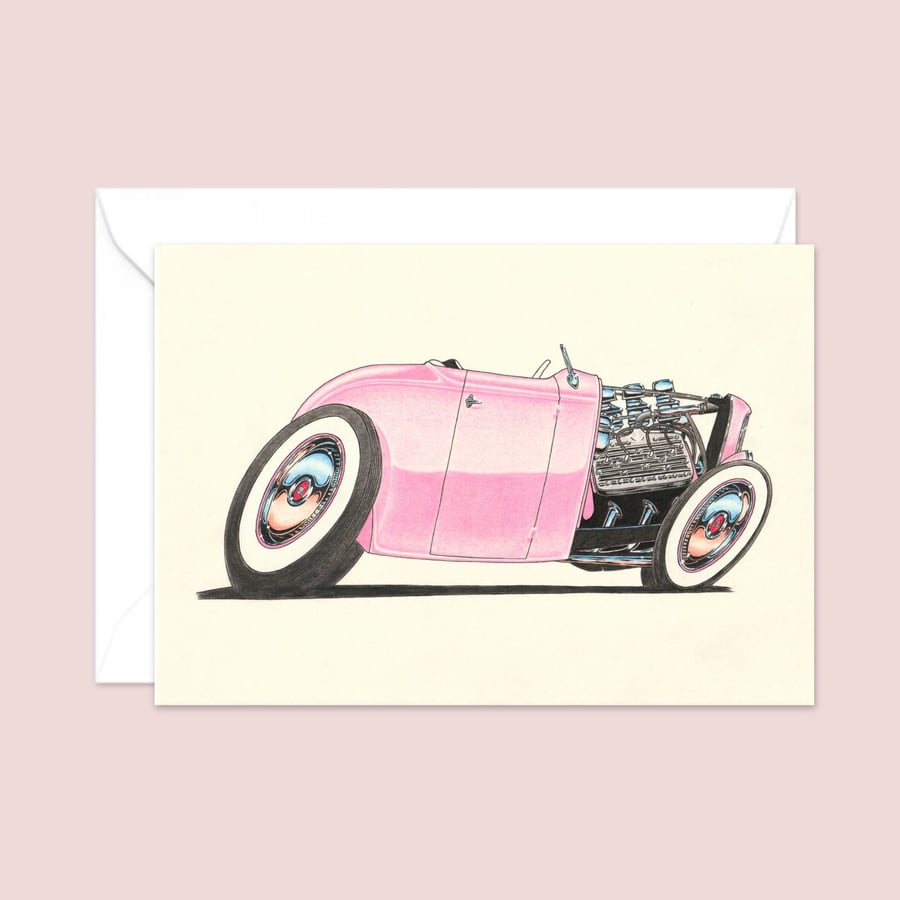 Pink Street Rod Greeting Card: Original Art for a Classic Car Lover (404)