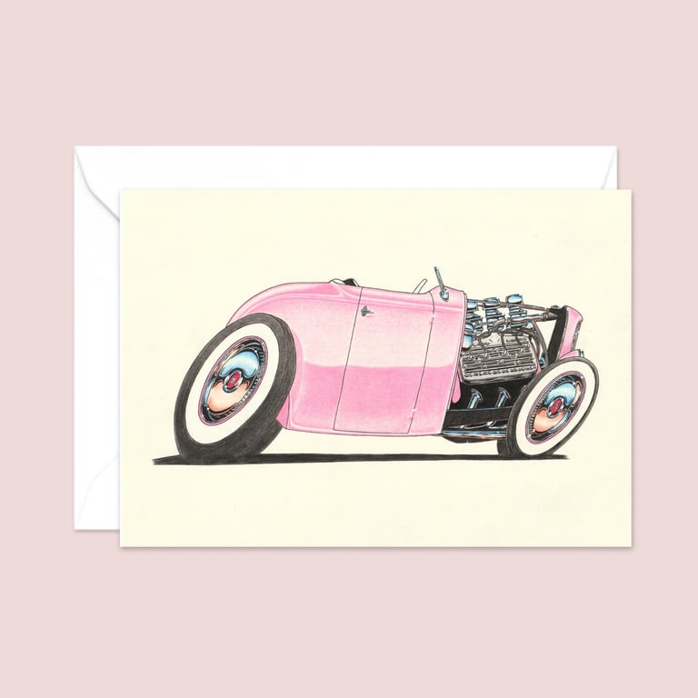 Pink Street Rod Greeting Card: Original Art for a Classic Car Lover (404)
