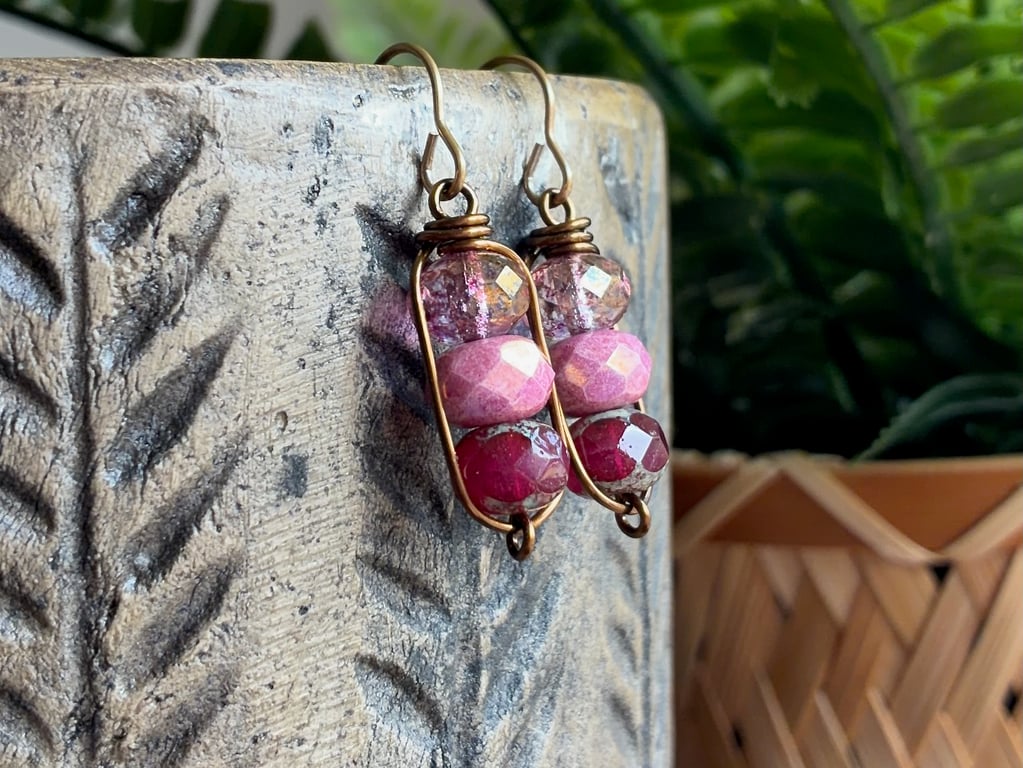 Ruby and Pink Czech Glass Earrings. Petite Wire Wrapped Antiqued Brass Earrings