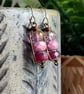Ruby and Pink Czech Glass Earrings. Petite Wire Wrapped Antiqued Brass Earrings