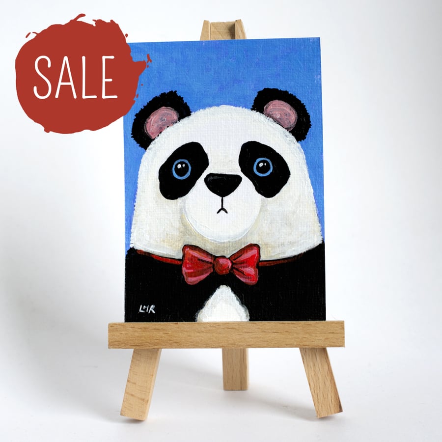 SALE - Original ACEO Art - Panda Bear wearing a Red Bow Tie - Whimsical Art 