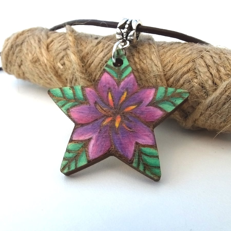 Tropical Flower Blossom Burned and Coloured Pyrography Pendant Necklace