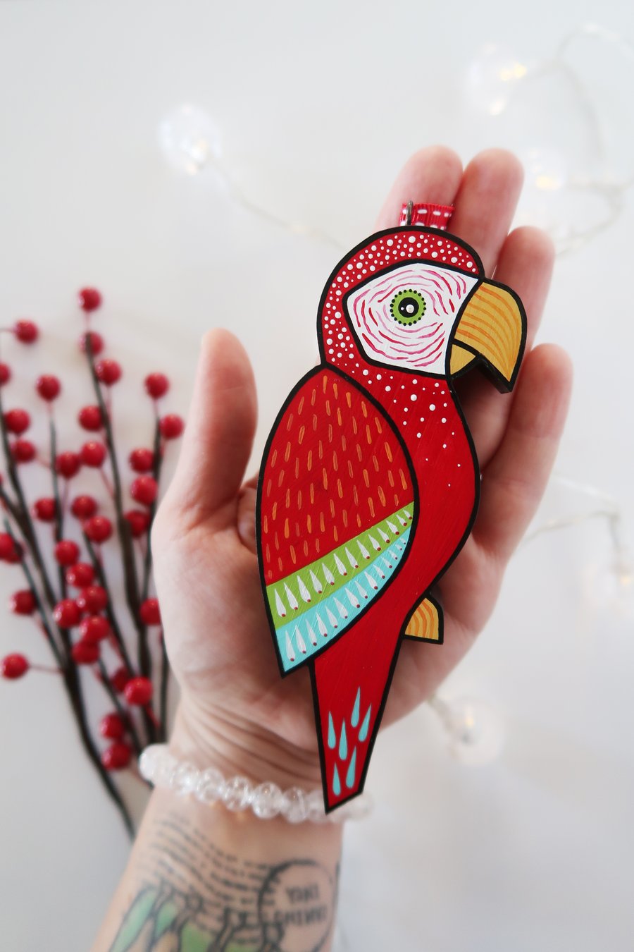 Red Parrot hanging decoration, Scarlet Macaw Christmas tree ornament.