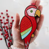 Red Parrot hanging decoration, Scarlet Macaw Christmas tree ornament.