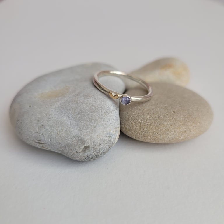 Silver Ring with Tanzanite and Gold Heart, Recycled Gold, Recycled Silver