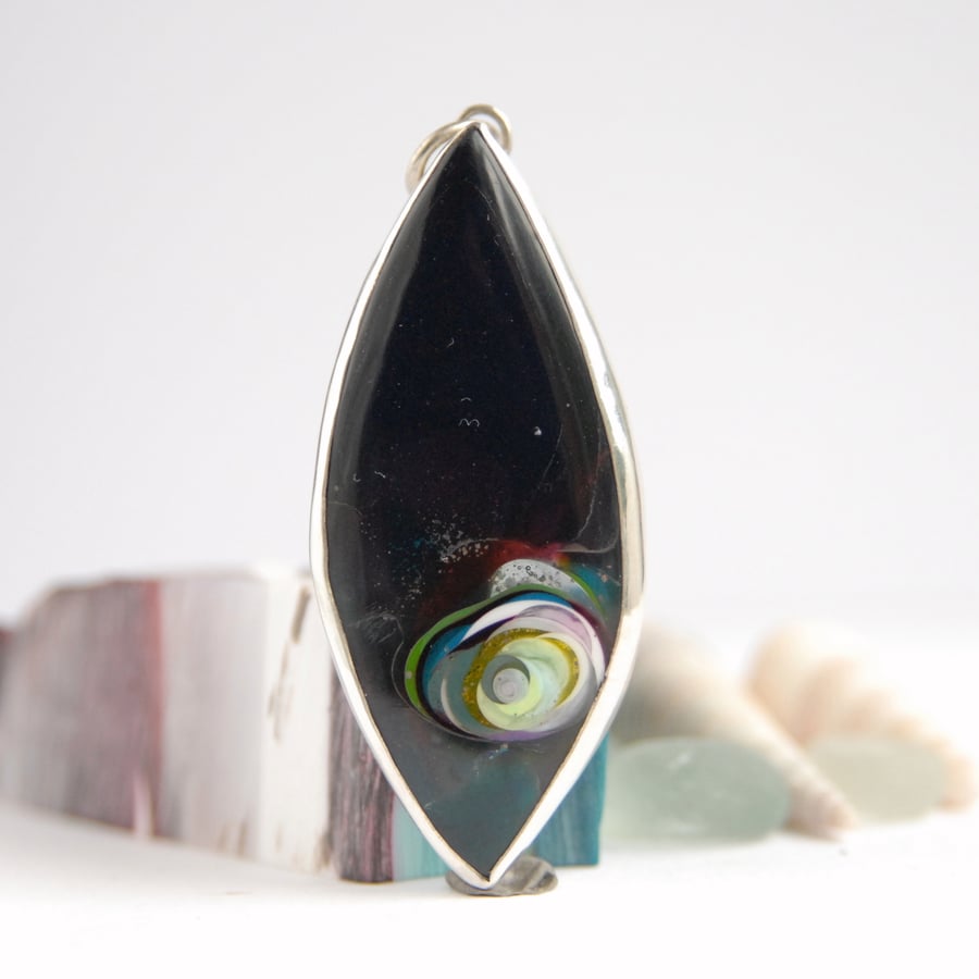 Cornish surfite and silver pendant - deep purple with rose