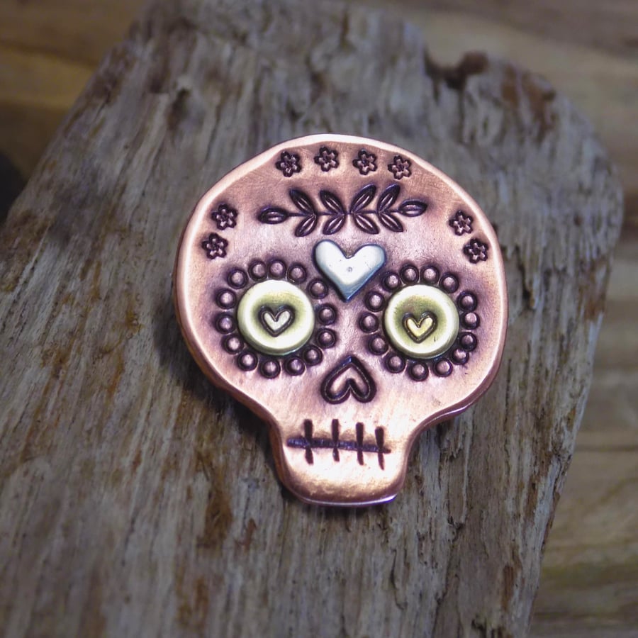 Copper, brass and silver 'day of the dead, sugar skull' mixed metal brooch