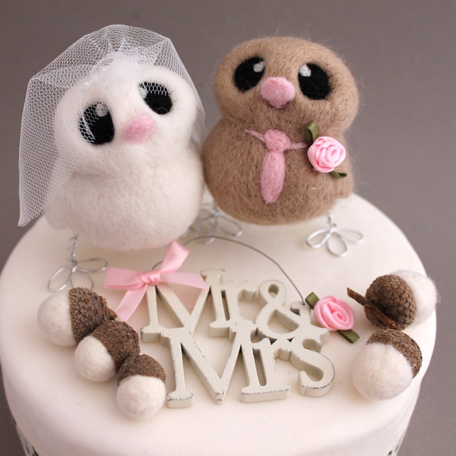 Love Birds Wedding Cake Topper Beige and Pink Wedding Bride and Groom