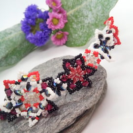 Beaded Floral Tiara With Red Black & White Beads, Prom Accessory