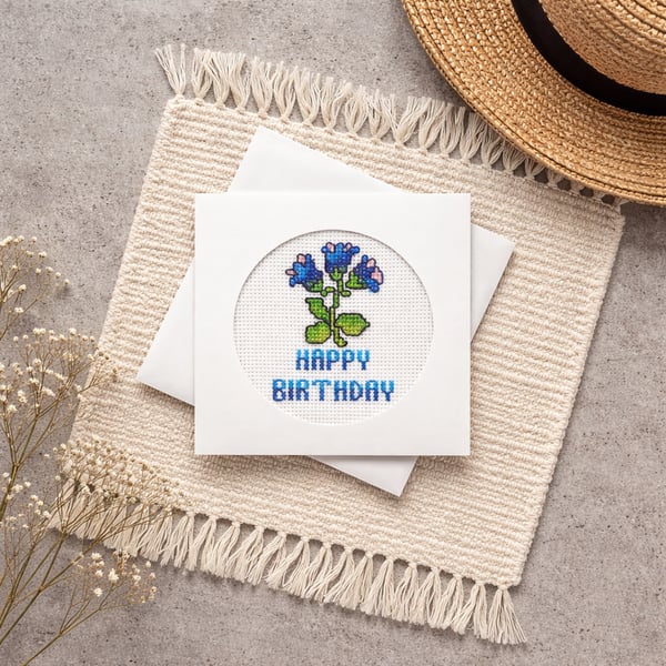 Artisan Happy Birthday Card with Blue Flowers - Hand-Stitched Floral Card
