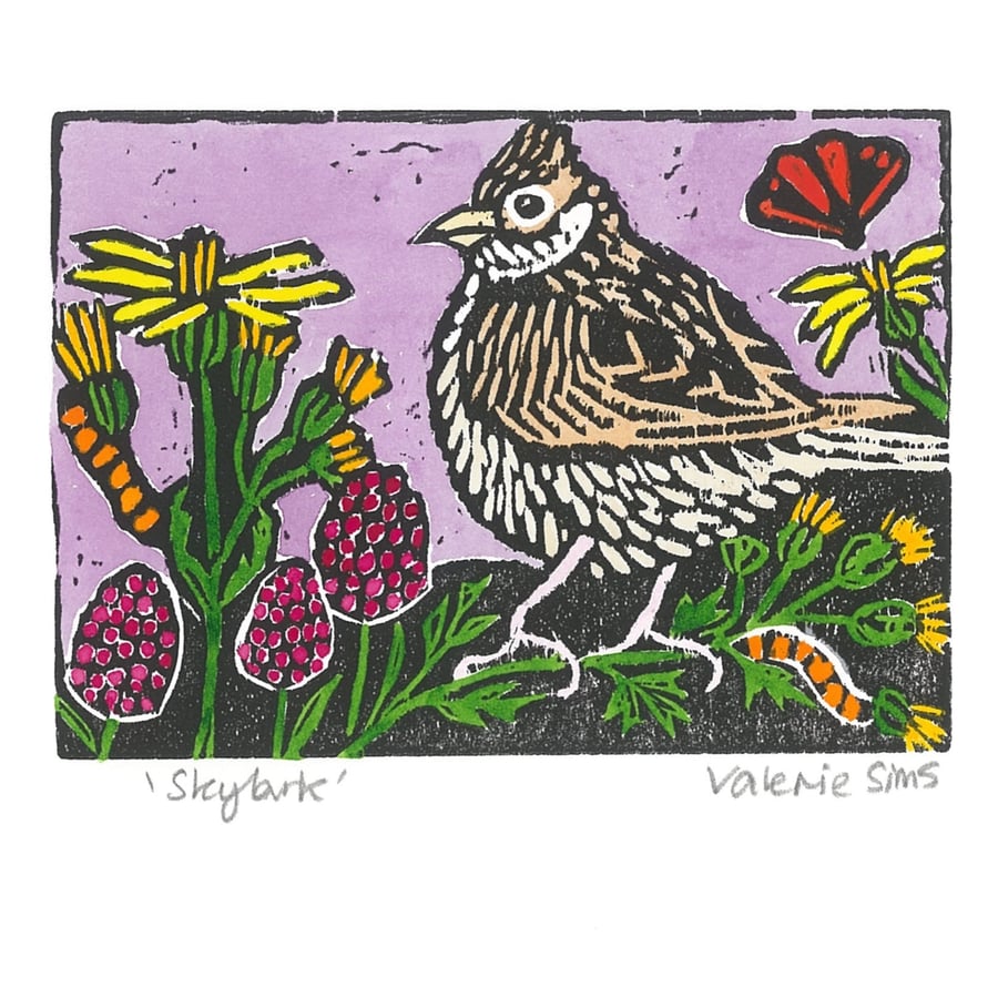 Skylark - Woodcut Print - Original Art for Wildlife and Bird Lovers