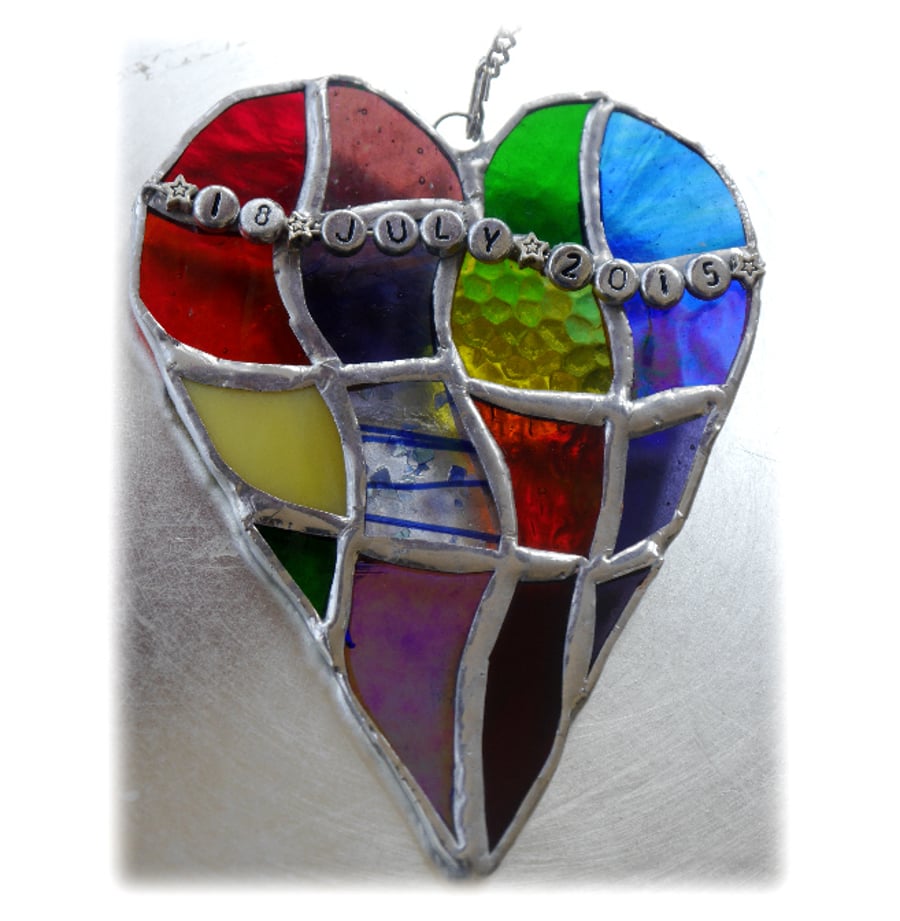 Patchwork Heart Suncatcher Stained Glass Handmade Rainbow Personalised