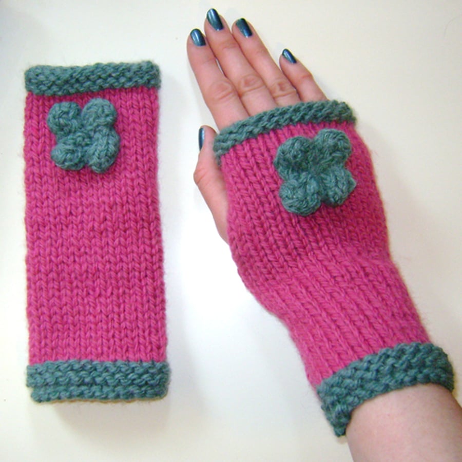 Fingerless Gloves Wrist Warmers Mittens in Raspberry Pink & Green with Flower