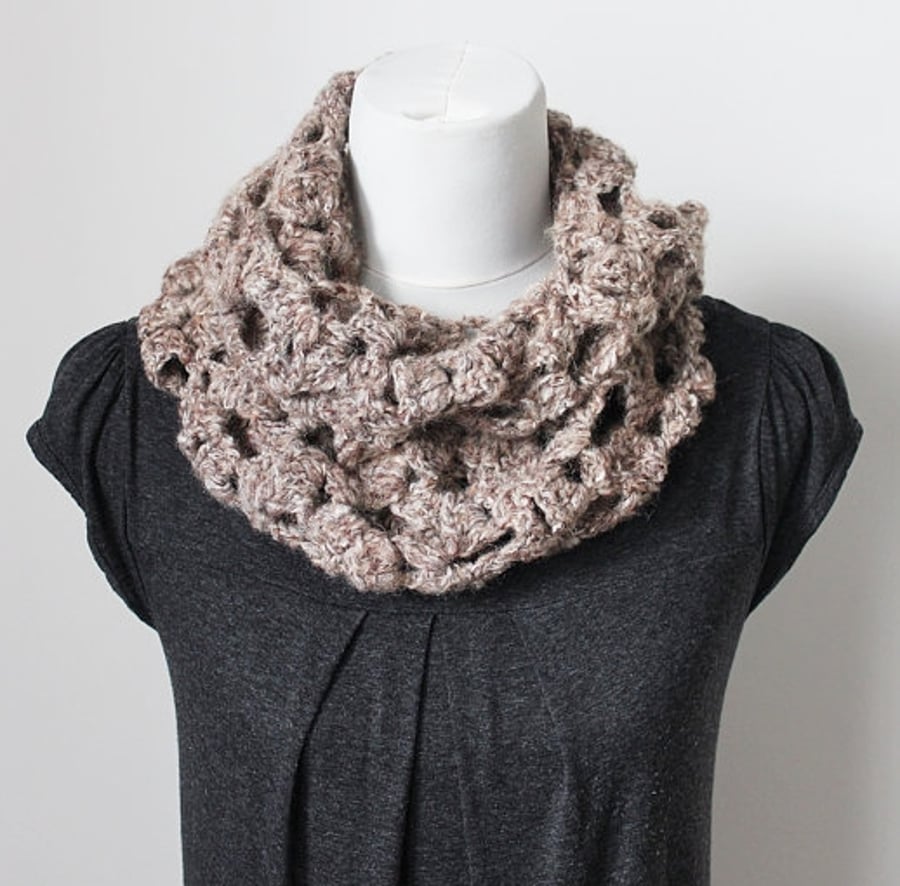 Beige womens lace circle scarf snood, neckwear, gift guide, knitwear UK, vegan 