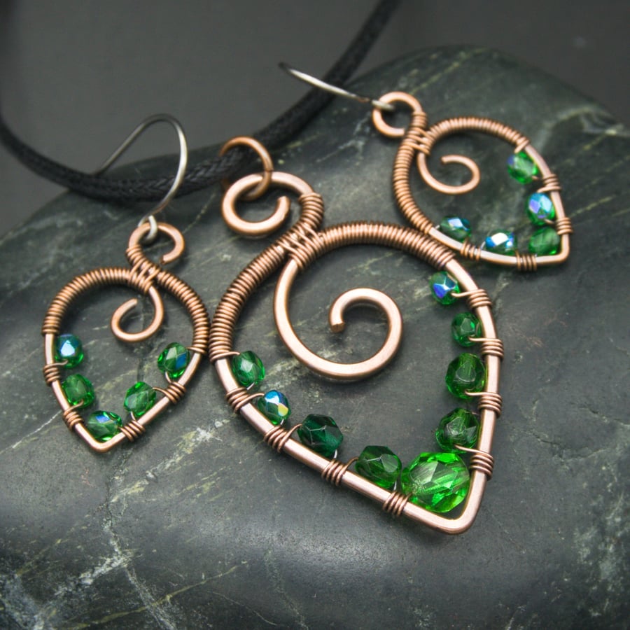 Copper Wire Wrapped Pendant & Earrings Set with Emerald Green Beads