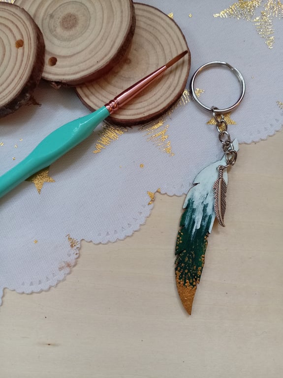 Wooden Feather shaped keyring 