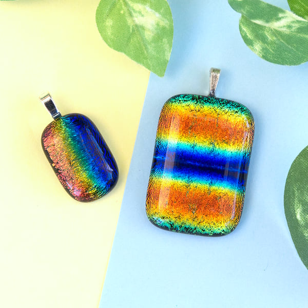 Bright Rainbow Dichroic Fused Glass Pendant Necklace