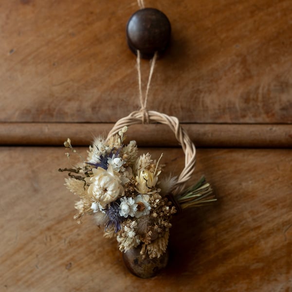 Mini blue and creamy white dried flower rattan hoop wreath hanging decoration