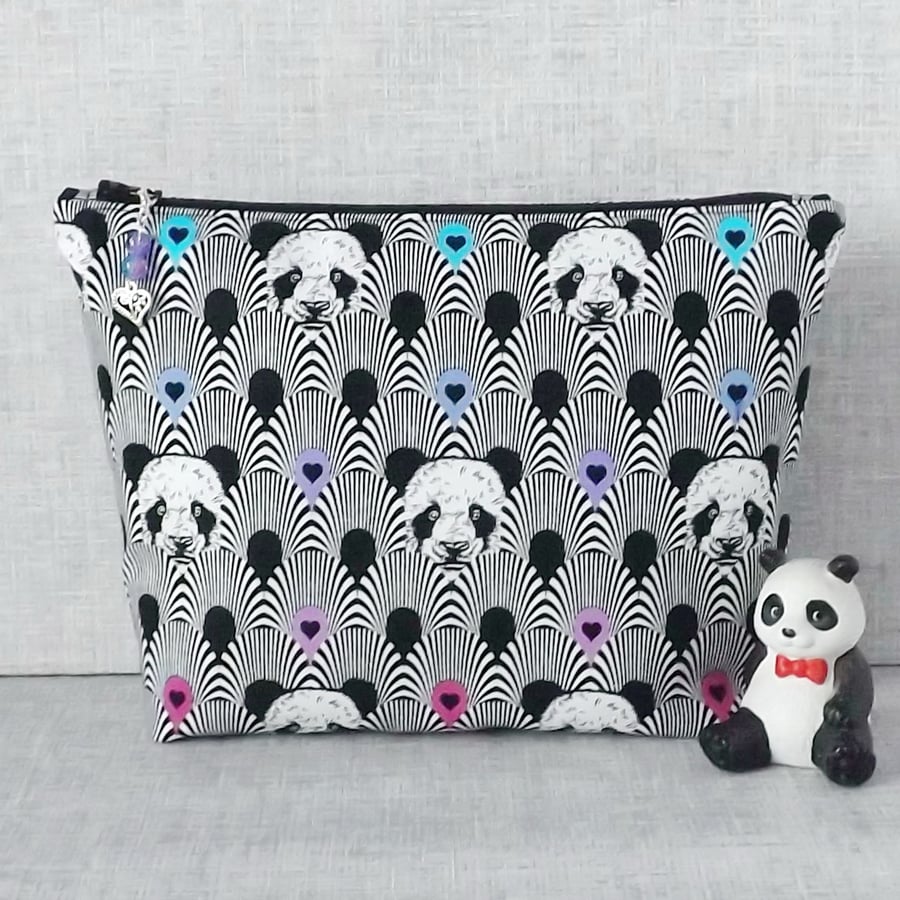 Large zipped pouch, project bag, cosmetic bag, pandas