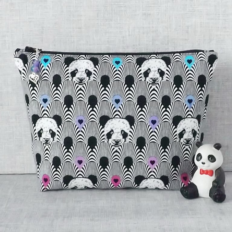 Large zipped pouch, project bag, cosmetic bag, pandas