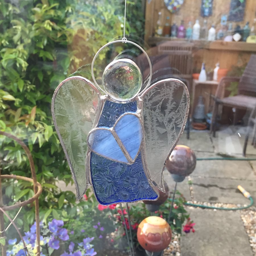 Stained Glass Angel - Handmade Window Decoration - Pale Blue