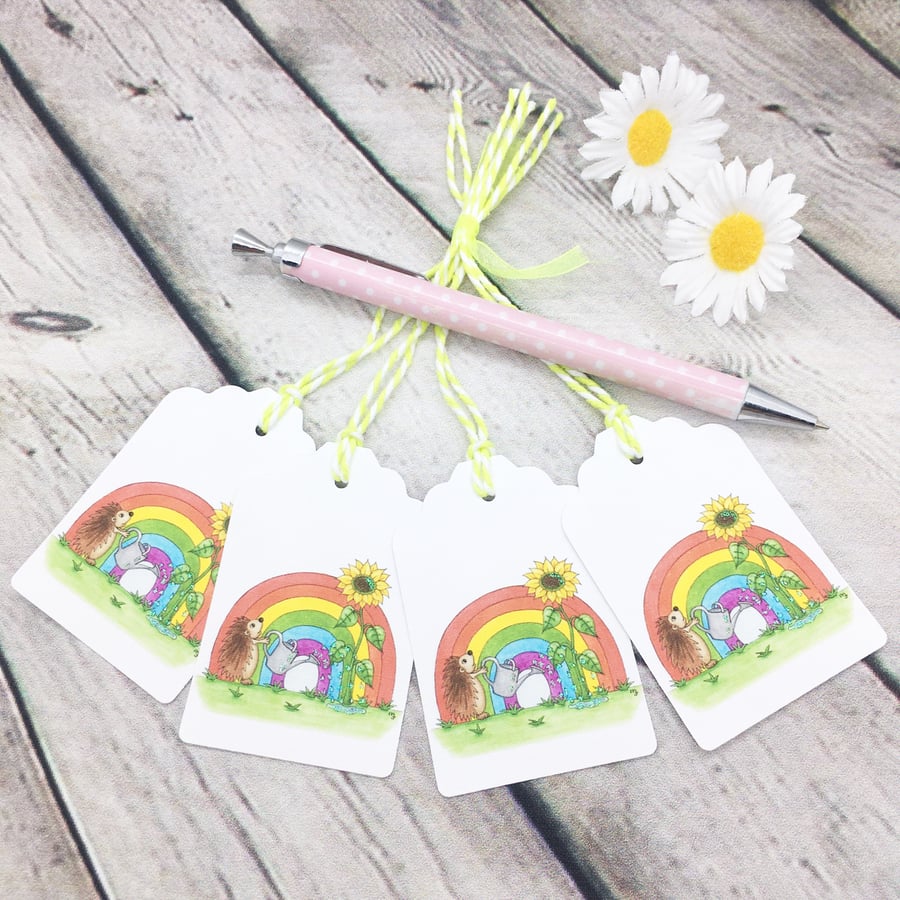 Hedgehog with Sunflower & Rainbow Gift Tags - set of 4 tags