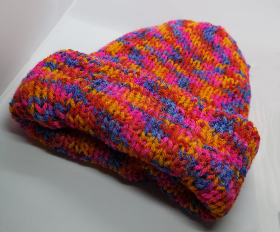 Handknitted bright rainbow blend hat