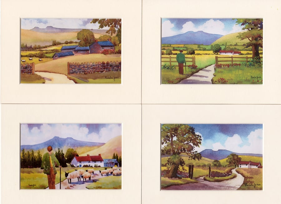 Set of 4 Watercolour Prints in 8 x 6 '' Mounts, Scenes of The Brecon Beacons.