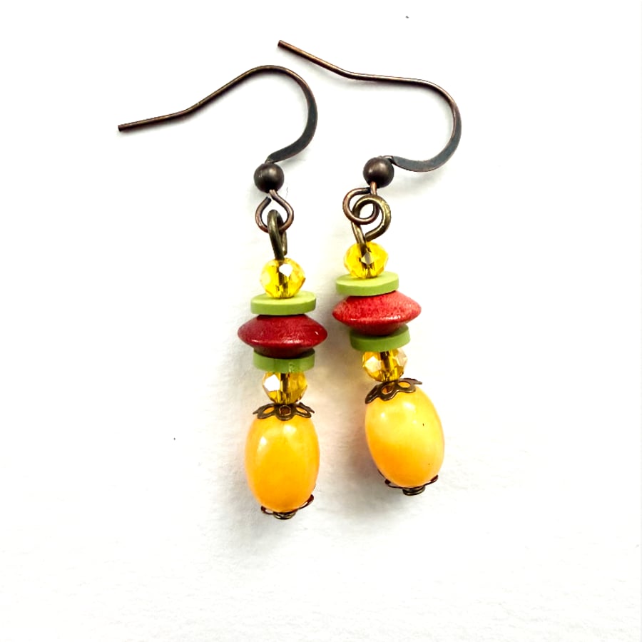 Yellow Orange Green and Red Drop Dangle Boho Style Earrings