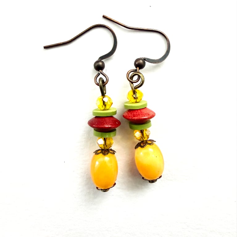 Yellow Orange Green and Red Drop Dangle Boho Style Earrings