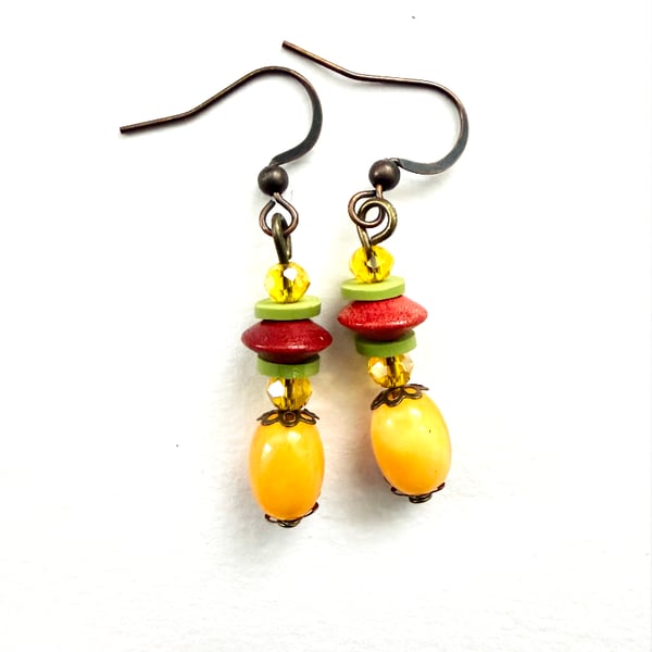 Yellow Orange Green and Red Drop Dangle Boho Style Earrings