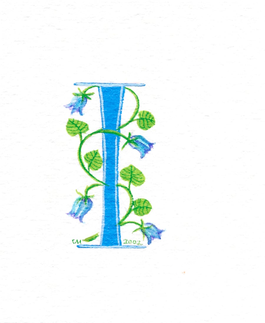 Initial letter 'I' in turquoise with bluebells.
