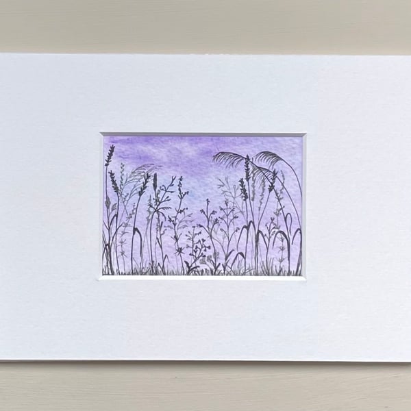 ACEO - original watercolour & ink silhouette of grasses and flower seed heads.