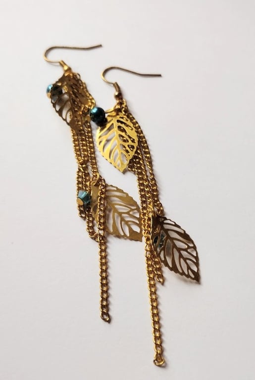 Golden leaf earrings, gold and green long earrings 