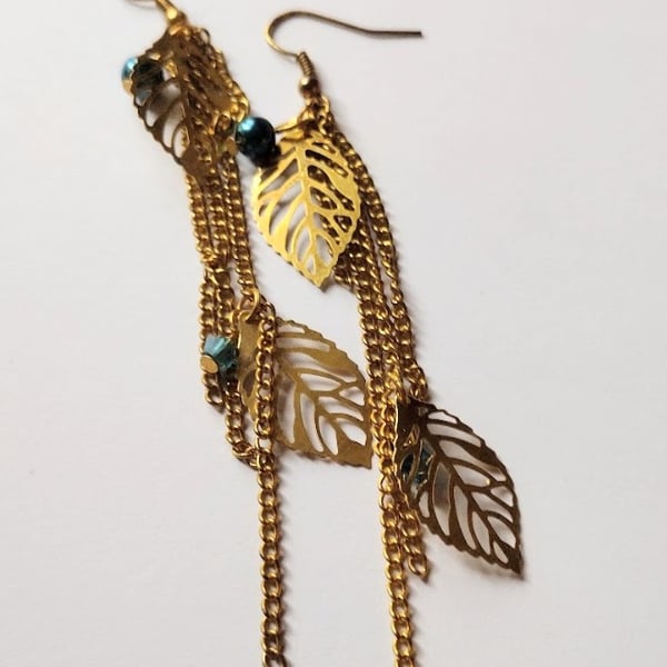 Golden leaf earrings, gold and green long earrings 