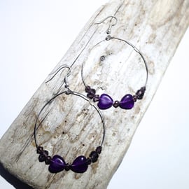 Teardrop Purple Amethyst Heart Hoop Earrings - UK Freepost