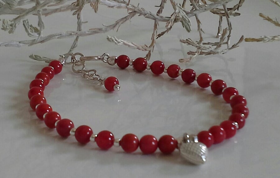 Red Coral & Silver Heart Sterling Silver Bracelet