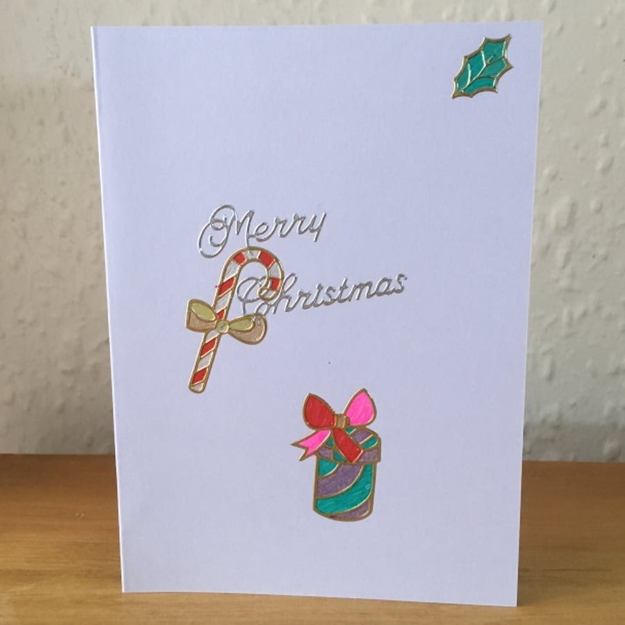 Present and Candy Cane Purple Christmas Card