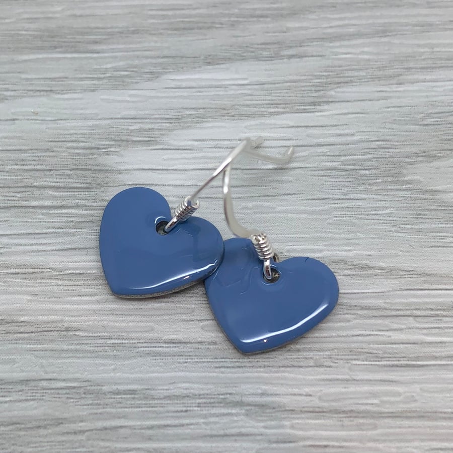  Mid blue enamel heart charm, sterling silver earrings 